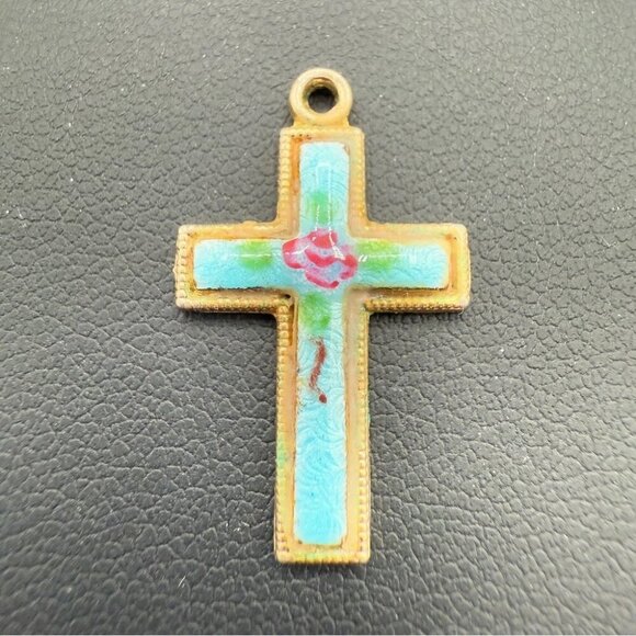 Vintage Blue Enamel Handpainted Floral Cross - Picture 4 of 14